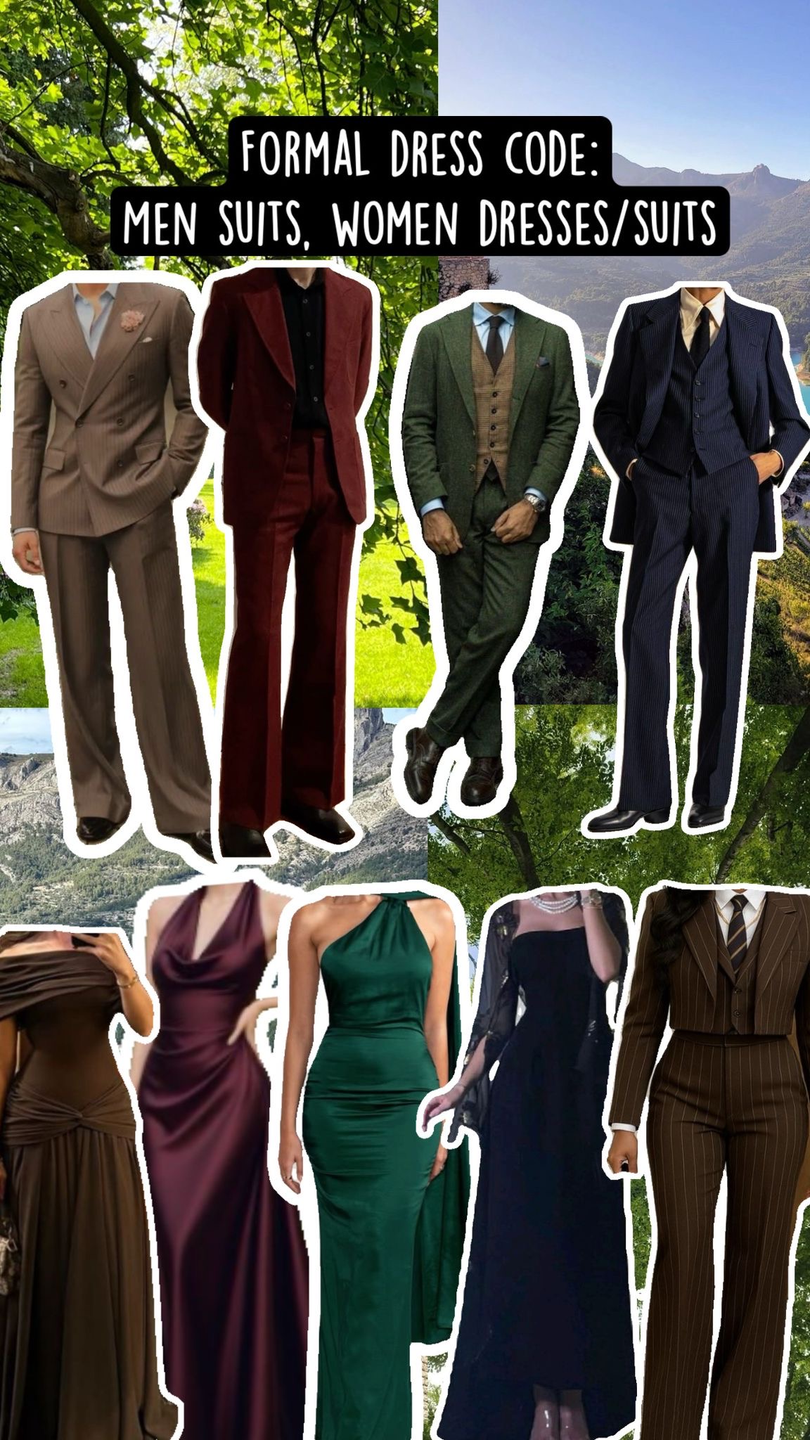 image explaining the dress code - dresses or suits for women, suits for men